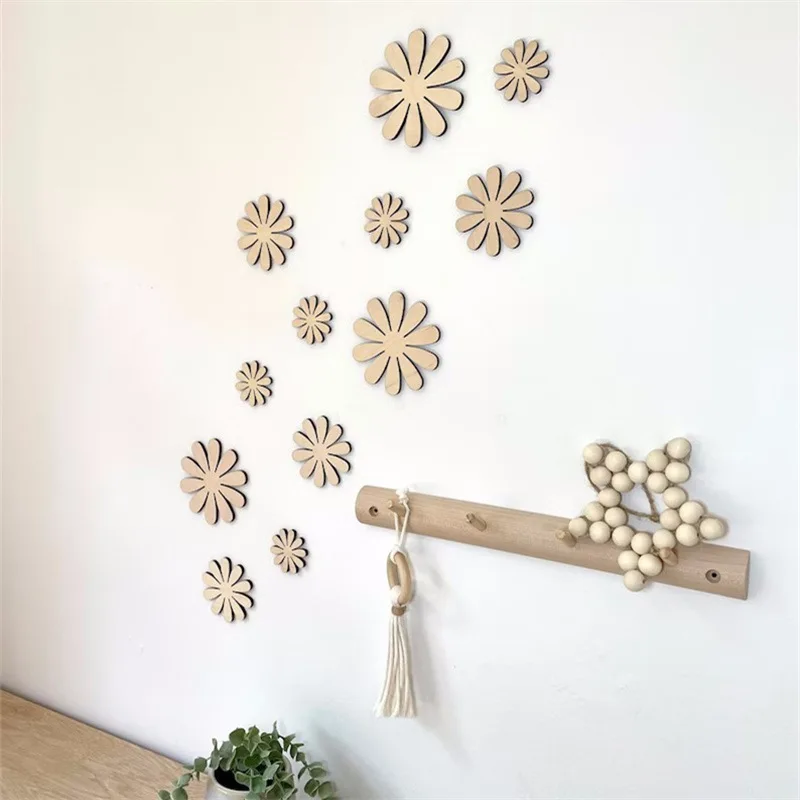 INS Wooden Flower Wall Decoration Self-adhesive Daisy Flower Wall Stickers Set Nordic Wooden Sticker for Kids Room Nursery Decor