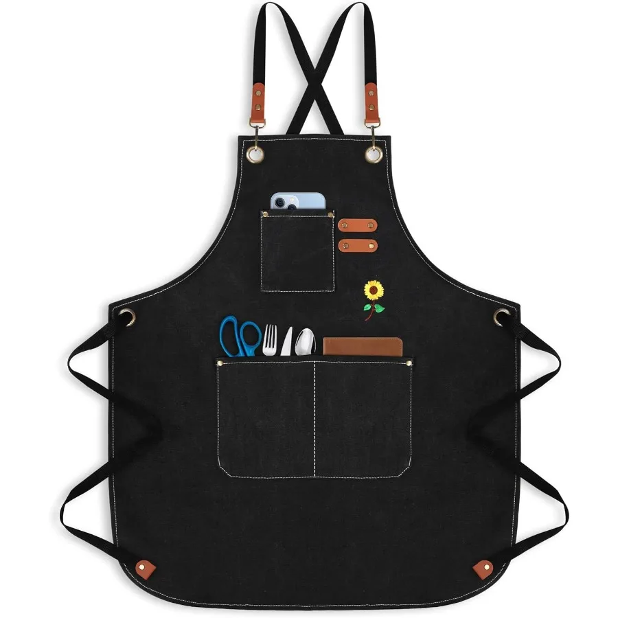 

100% Cotton Canvas Apron ex Cng Apron for Men and Women with 3 Pockets and Adjustable Crossback Straps