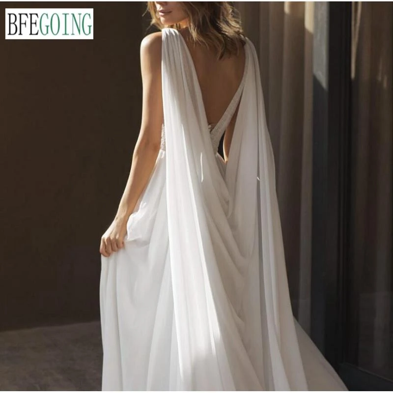 Abiti da sposa da spiaggia con scollo a v in pizzo Chiffon avorio cappella treno abiti da sposa lunghi fino al pavimento su misura gonna divisa