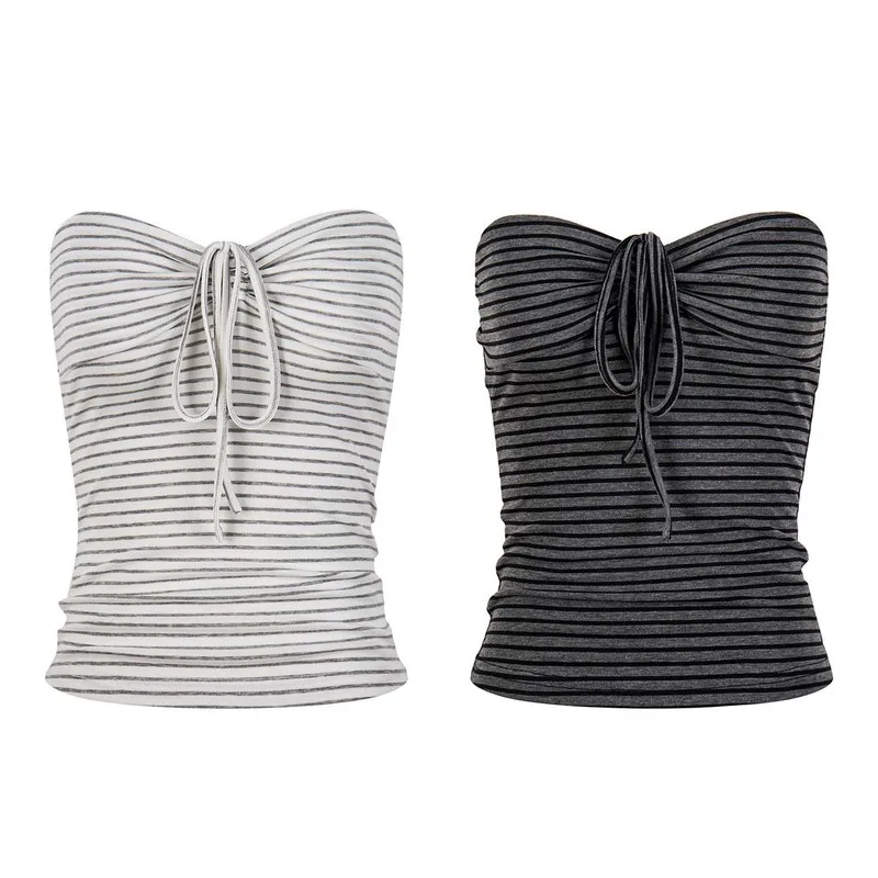Syepa color-blocked bow-tie strap striped tube top, American hot girl retro slim-fit design, sleeveless top