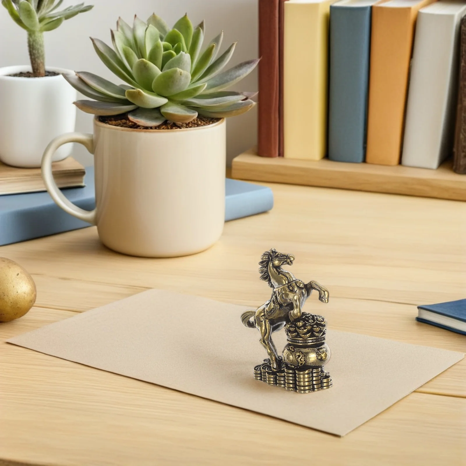 

Miniature Brass Horse on Treasure Bowl Symbolic of Prosperity and Success Elegant Desktop Ornament for Living Room Study