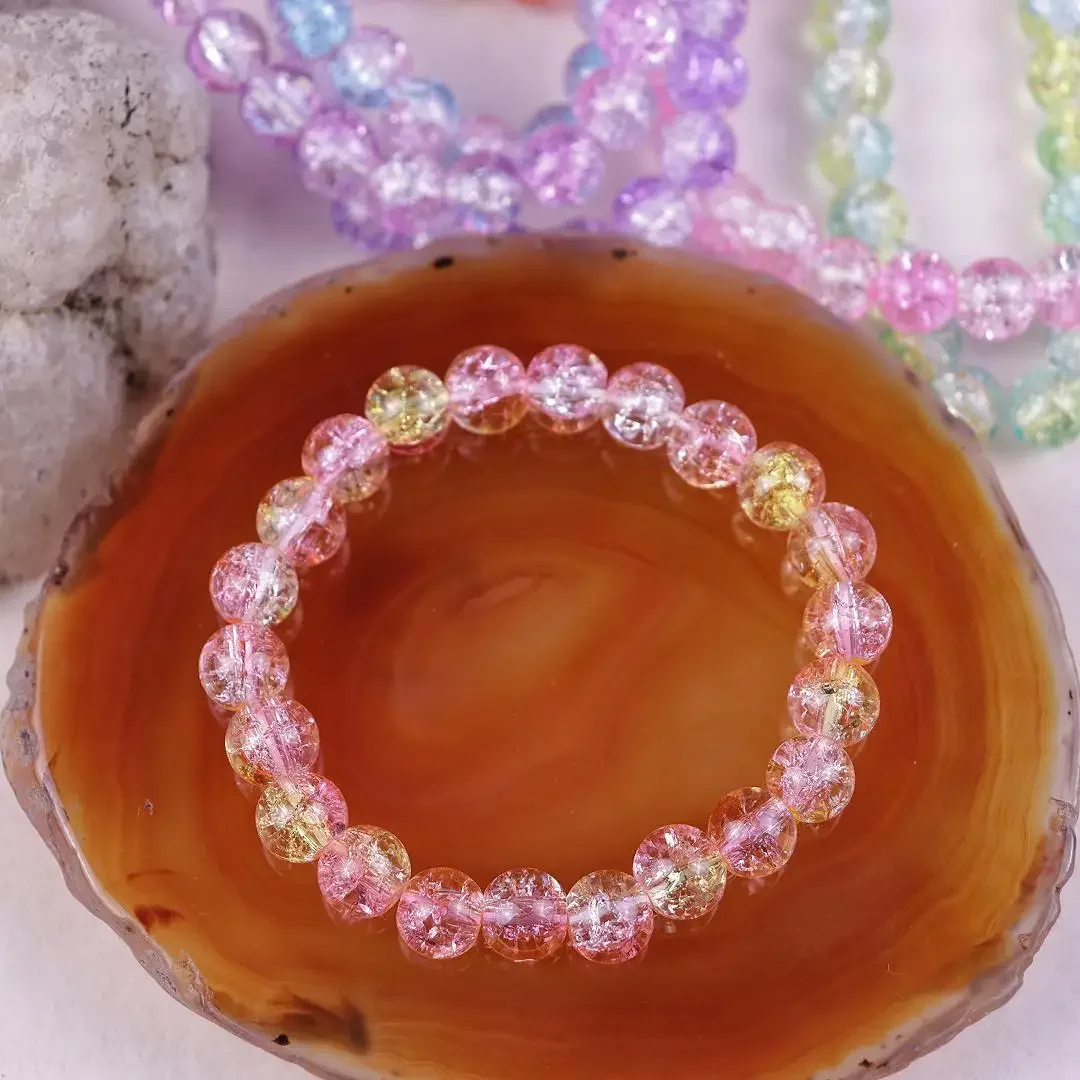 Pulsera elástica de la amistad con cuentas grandes de palomitas de maíz para niñas, brazaletes de vidrio degradado agrietado de hielo, accesorios de