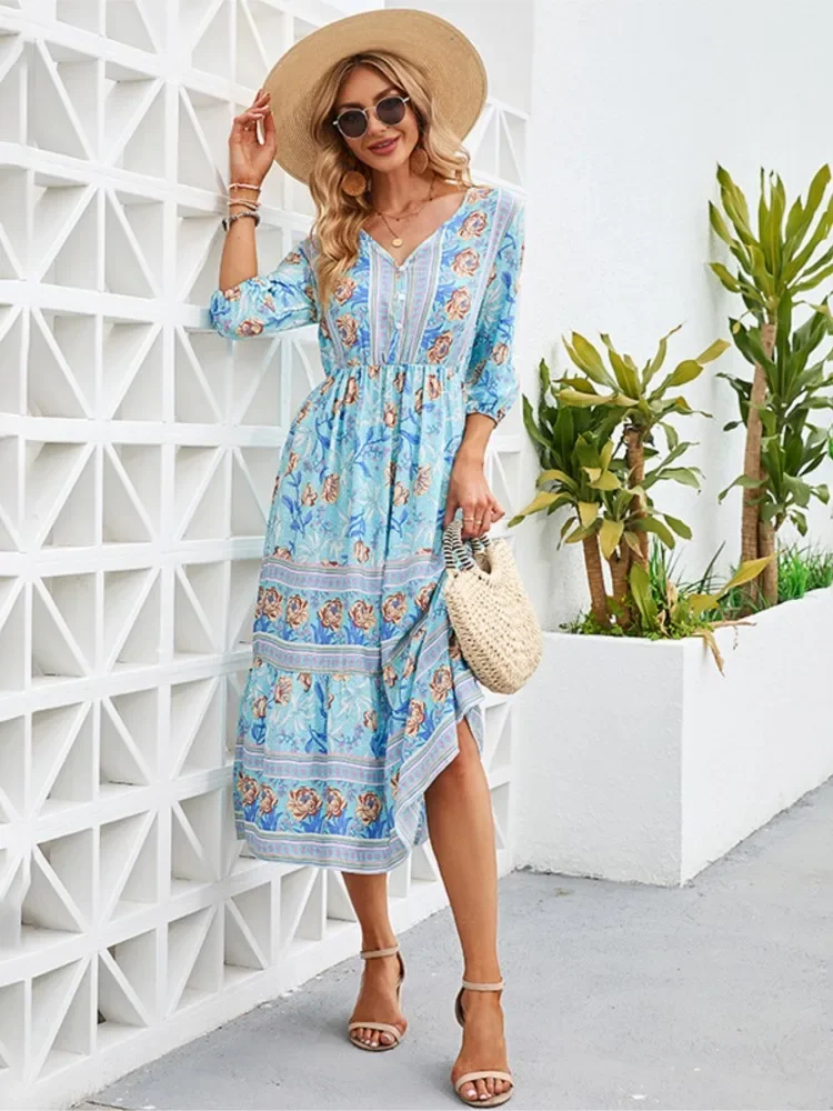 Spring summer Floral Print Bohemian Dress Women V-Neck High Waist Street Causal Beach Dresses  Elegant Women's Dress Robe