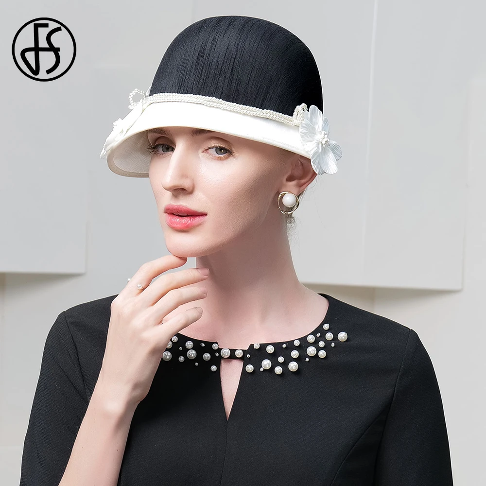 FS Elegant White Black Hats With Flower British Top Hat Ladies Vintage Cocktail Party Cap Wedding Church Millinery 2024 Winter