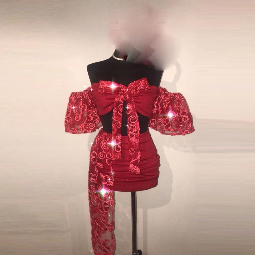 

Красные коктейльные платья из двух частей с открытыми плечами, кружевные вечерние платья для девочек, сексуальное платье на день рождения, платья для выпускного вечера