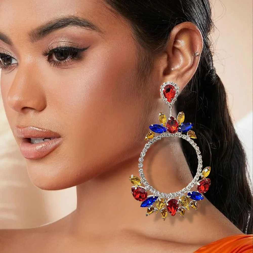 Cross-border rhinestone earrings women, personalized retro circle shape shiny full of diamonds exaggerated earrings accessories