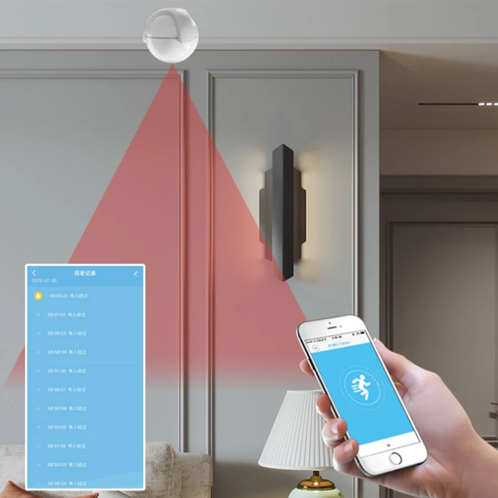 Home Automation PIR Motion Sensor Wireless Installation ABS Material High-Sensitivity Detection Notifications Via App