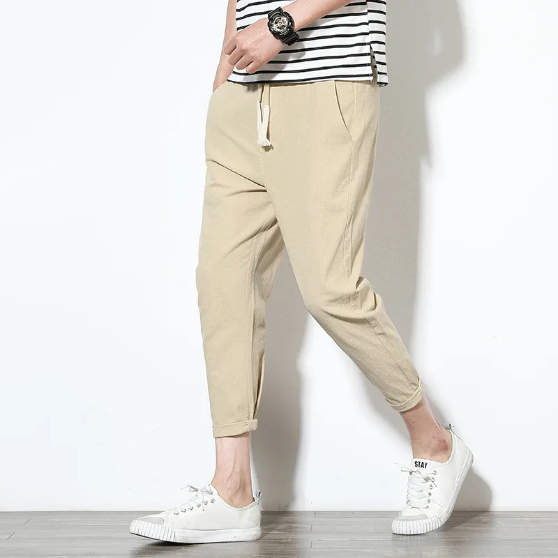 

New Casual Pants for Spring and Summer, Men's Cotton and Linen Cropped Pants, Japanese Fashionable Leggings