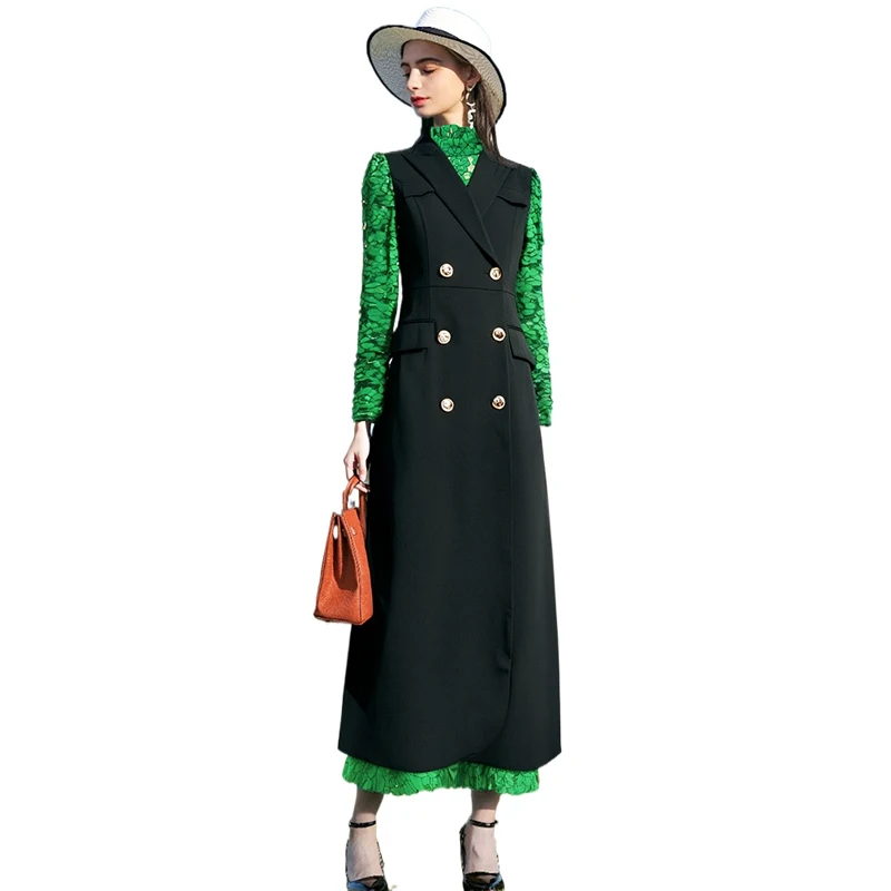 

2025 Fashion Women Double Breasted Khaki Black Long Vests Coat Europen Style Sleeveless Jacket Outwear Casual Top Roupa Female