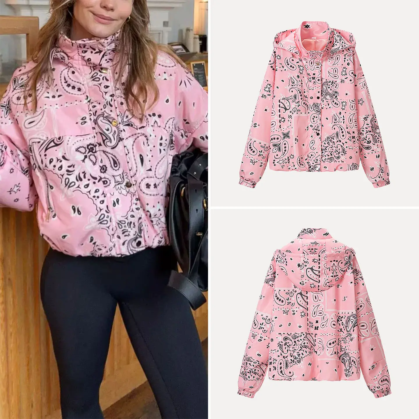 

Retro Pink Long Sleeve Zipper Jacket Women's Casual Style Loose Fit Printed Hooded Coat Versatile Spring Summer Outerwear
