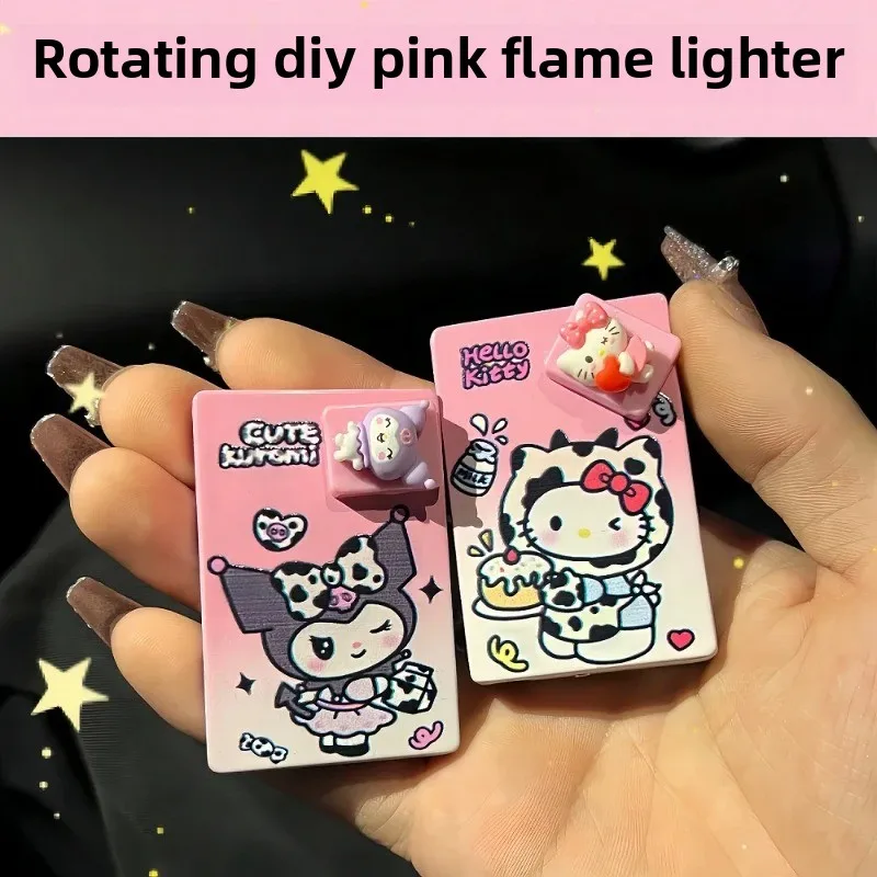 

Metal Jet Torch Windproof Hello Kitty Lighter Kawaii MyMelody Kuromi Cinnamo Sanrioed Playing Card Pink Flame Lighters Funny Toy