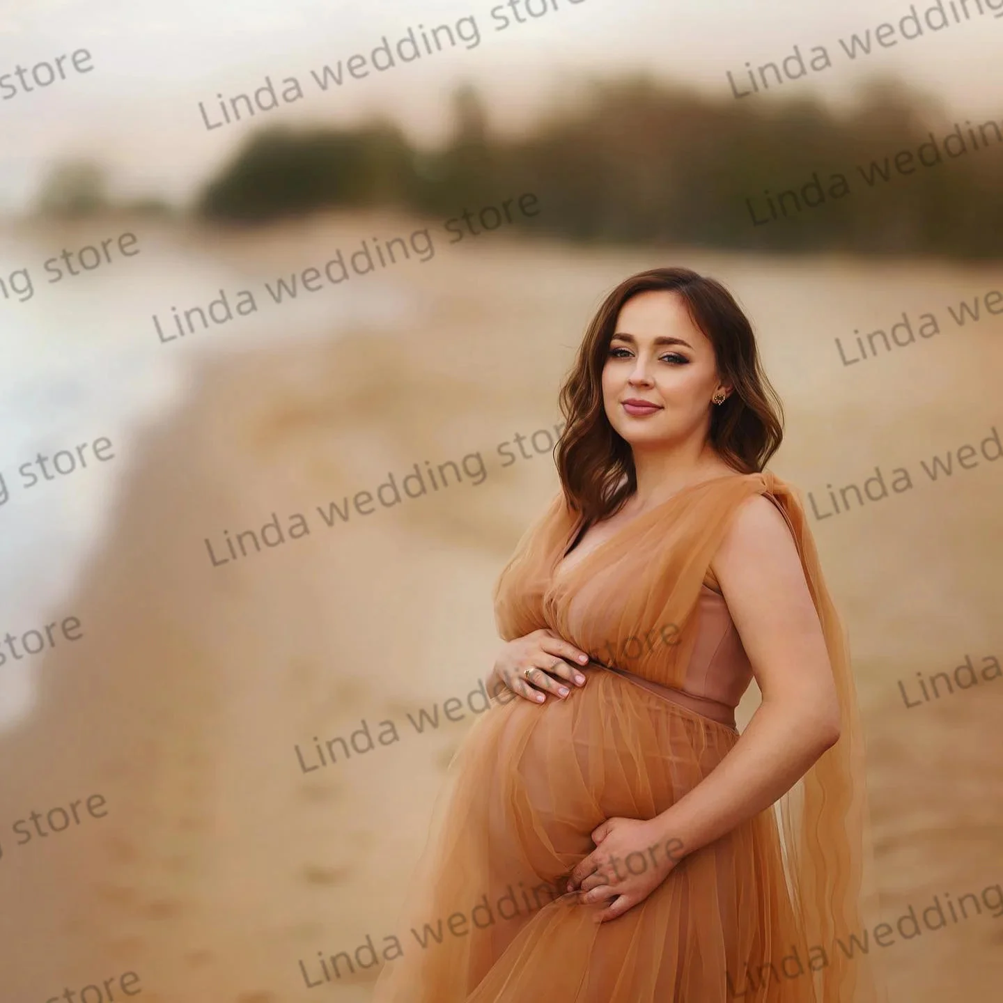 Bescheidene orange Ballkleider einfache V-Ausschnitt Mutterschaft Fotoshooting Kleid mit Futter ärmellose Falten Baby party Kleider