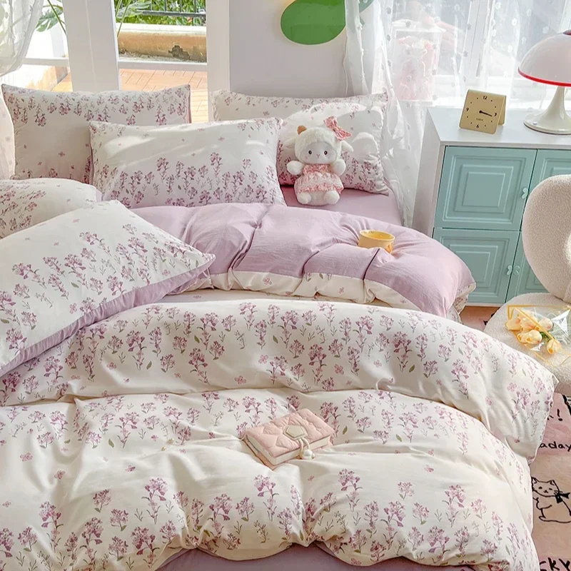 

Botanical Floral Duvet Cover Twin Queen Size Garden Flower Comforter Cover 4Pcs Reversible Purple Bedding Set with Zipper Ties