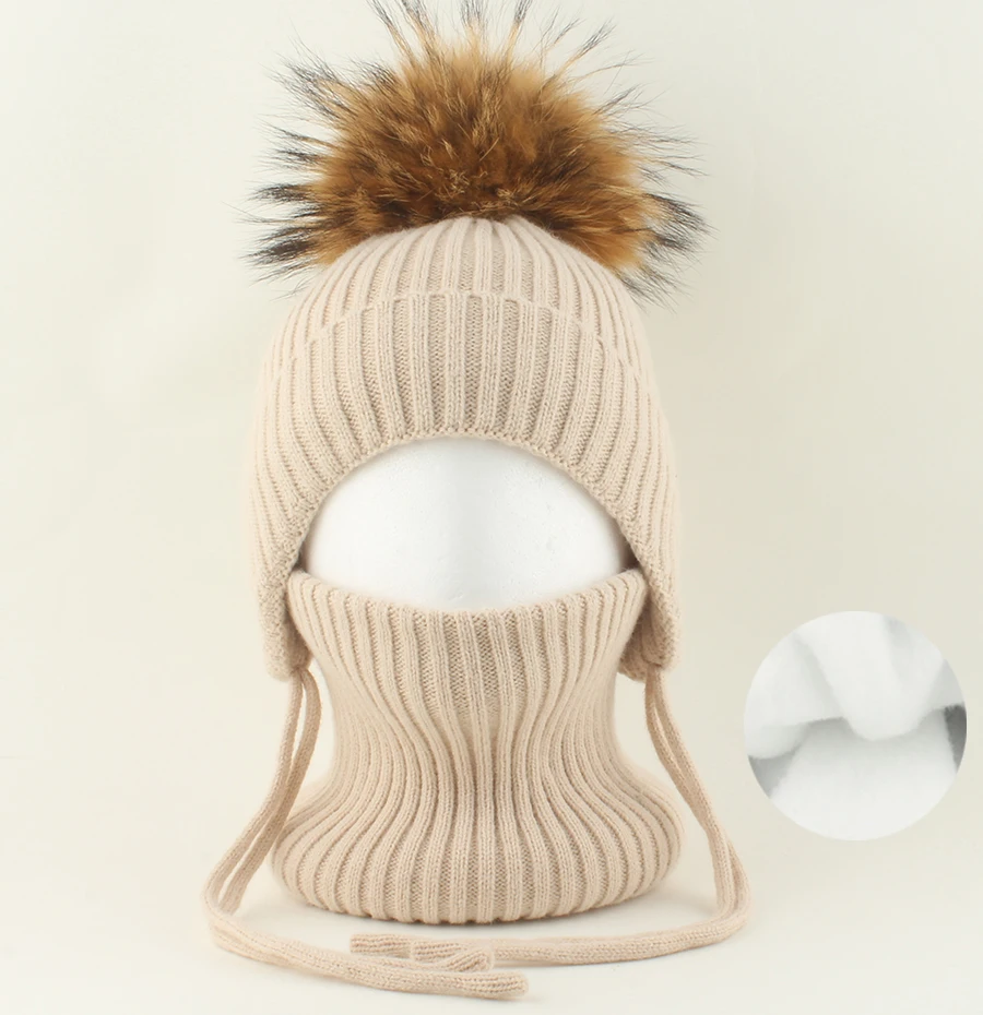 Winter-Wollmütze mit Nackenschutz 2-teiliges Set Echte Fuchsfell-Mütze für Kinder Jungen Mädchen Dicke Fleece Warme Gestrickte Gestreifte Ohrenklappe Baby Skullies Mütze – Detail 19