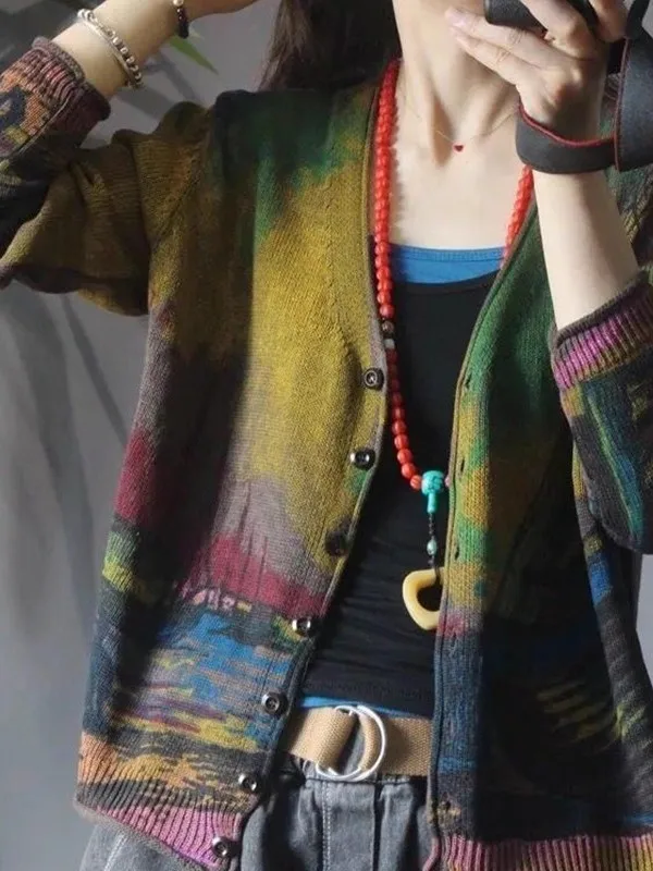 سترة نسائية محبوكة مريحة على شكل حرف V لخريف 2025 سترة طويلة Sve ريترو فنية مطبوعة ملابس خارجية فضفاضة تناسب Faionable #1