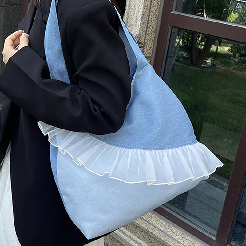 

Женские джинсовые холщовые сумки большой емкости в стиле пэчворк контрастного цвета, кружевная сумка на плечо, студенческая сумка-тоут для кампуса