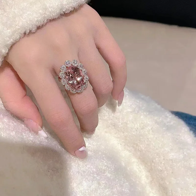 925 sterling silver sparkling high-end light luxury high carbon powder diamond cut ring, new trendy women's fashion jewelry