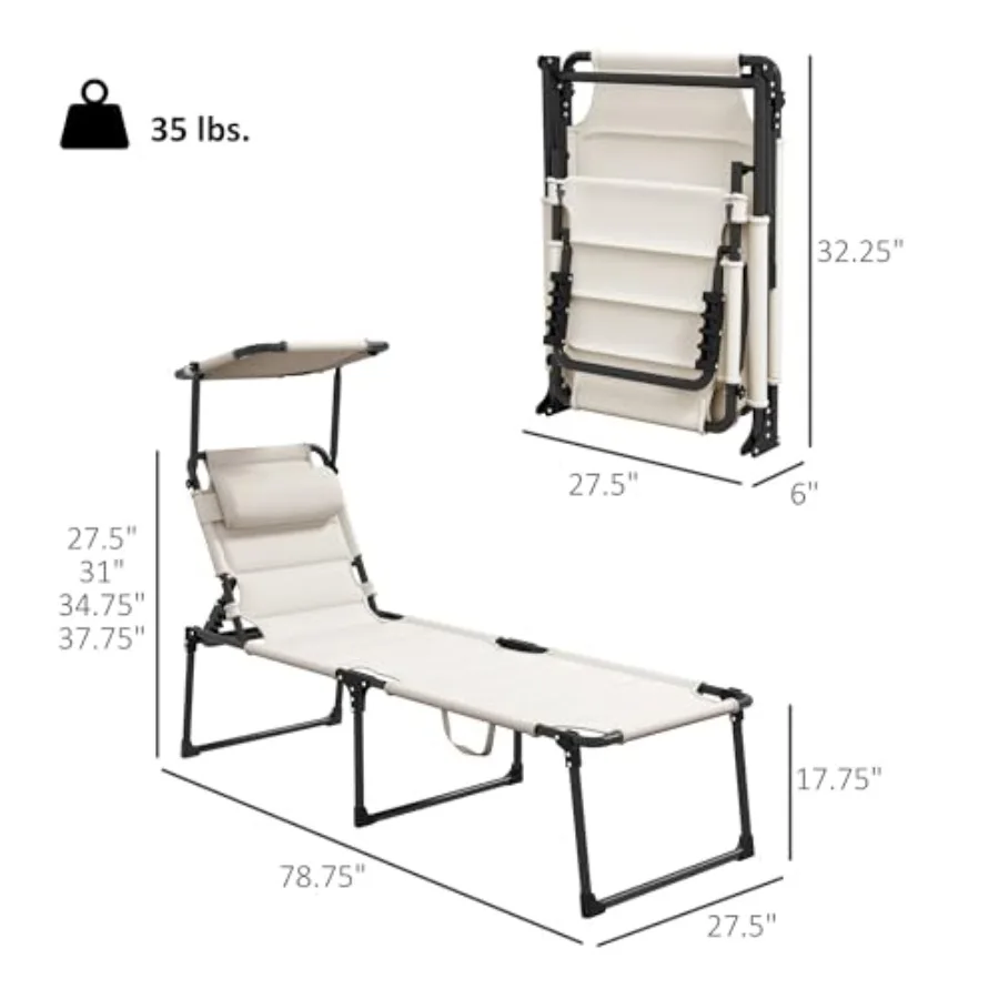 2 Pieces Outdoor Lounge Chair, Adjustable Backrest Folding Chaise Lounge, Cushioned Tanning Chair with Sunshade Roof and Pillow view 3