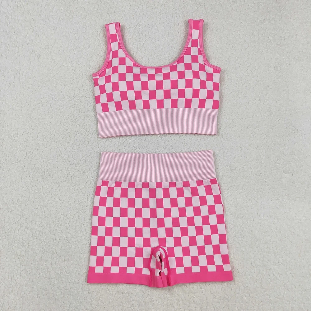 

Wholesale Adult Sleeveless Women Pink Checkered Printed Shirt Woman Girl Set Shorts Girls Outfit Yoga Active Clothing
