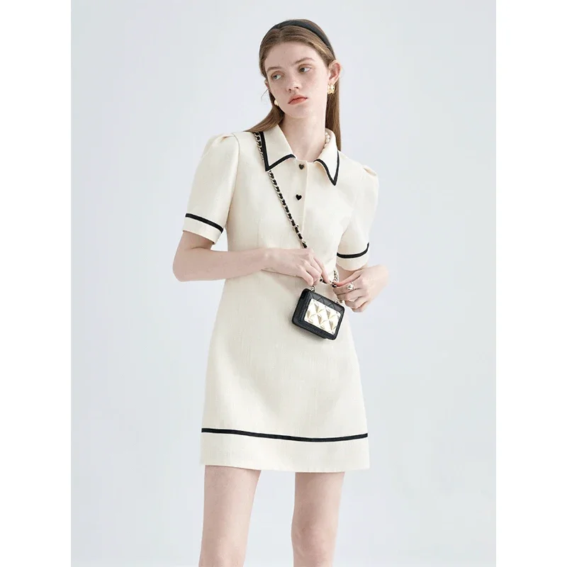 2024 Women\'s Summer Puff Sleeves Turndown Collar Polo Shirt Dress French Cute Classic Preppy Style Golf Tennis Mini Dresses Y2K