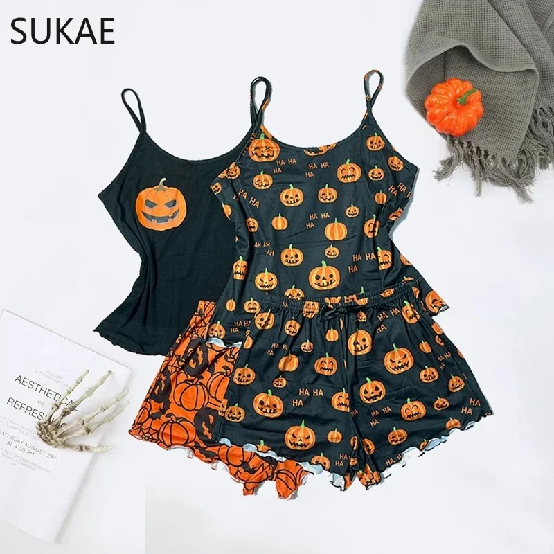 SUKAE HOT Halloween 2PCS Set Cute Prumpkin Party Nightie Spaghetti Strap Pajama Women Tank Top Shorts Lingerie Sleeveless Pijama