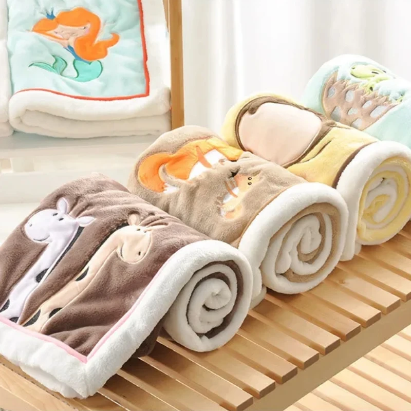 Baby Blankets Newborn Cartoon Embroidery Flannel Baby Blanket Baby Boys Girls Swaddle Wrap Infant Stroller Cover Kids Blanket