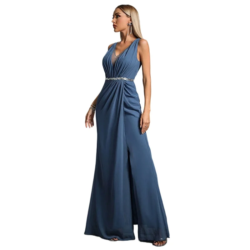 

Sexy Double V-neck Ruched Chiffon High Split Long Formal Evening Dress Blue