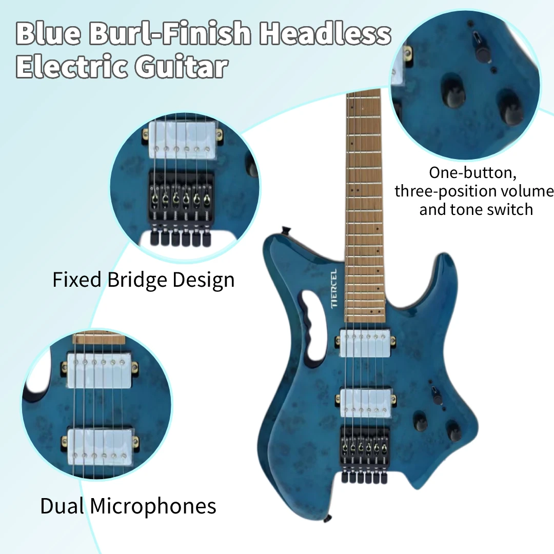 Burl-patterned veneer, blue headless electric guitar, beginner electric guitar, band guitarist, ideal for rock music view 4