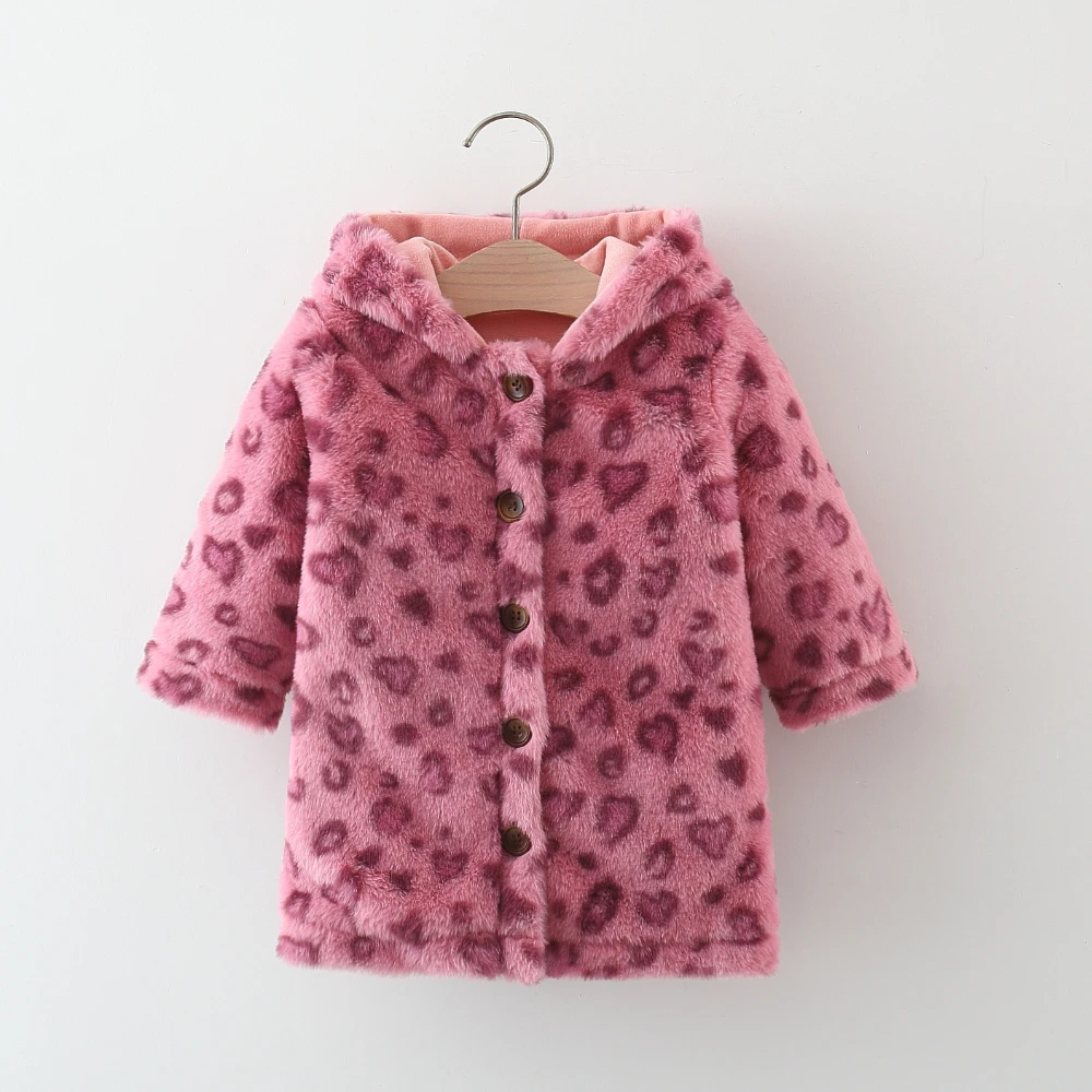Winter Casual Girls\' Wool Sweater Baby Girl\'S Pink Leopard Print Single Breasted Hooded Wool Sweater Jacket