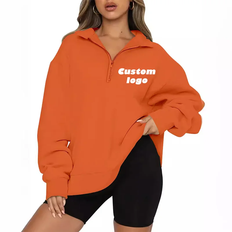 Custom LOGO Women\'s Stand Collar Pullover Simple Unprinted Zipper Sweatshirt Casual Loose Sportswear Hoodie Street Style Women
