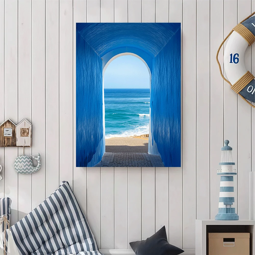 1PC-Canvas poster Unframed  Blue Archway Ocean View Beach Scene Coastal Art  summer
