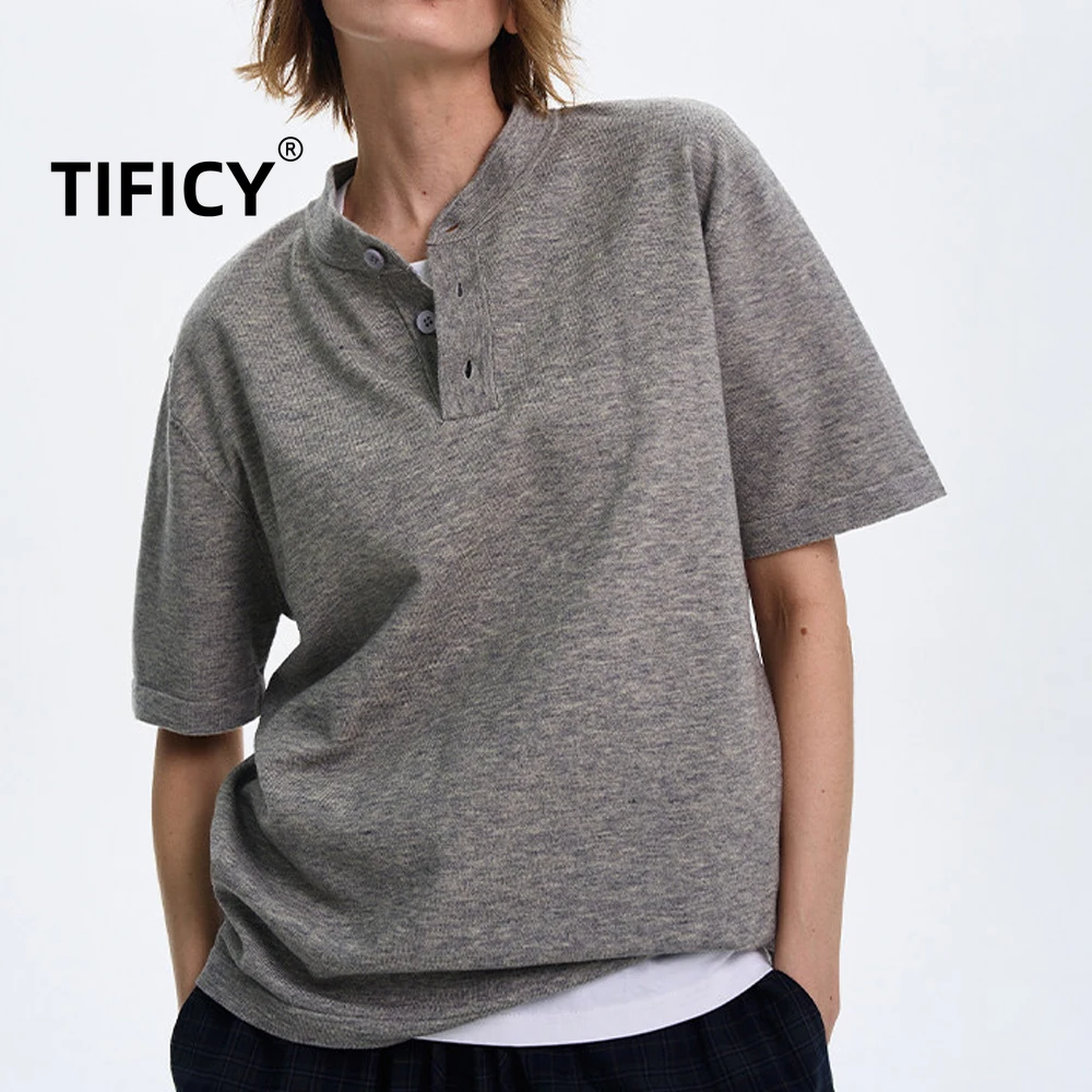 

High Street Short Sleeved Tees T-shirt Tops Men's Casual Retro Henry Collar Knitted Tshirt Top Ins Men Clothing