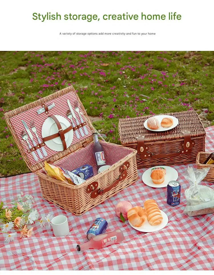 

Rural style willow weaving picnic basket rattan weaving with lid vegetable and fruit basket portable outdoor camping meal basket