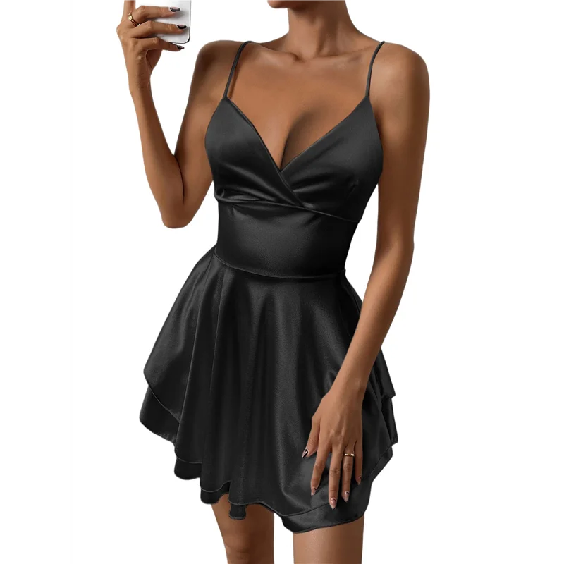 

A83F-Women Spaghetti Strap Satin Dress Sleeveless Low Cut Backless Short Romper Dress Party Jumpsuit Mini Sundress