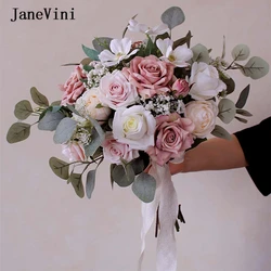 JaneVini New Romantic European Dusty Pink Bridal Hand Bouquets Artificial Silk Roses Hydrangea Wedding Bouquet Boho Accessories