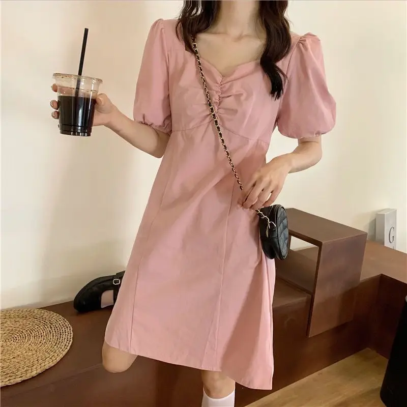 

New Retro Style Mid-length Square Collar Puff Sleeve Dress