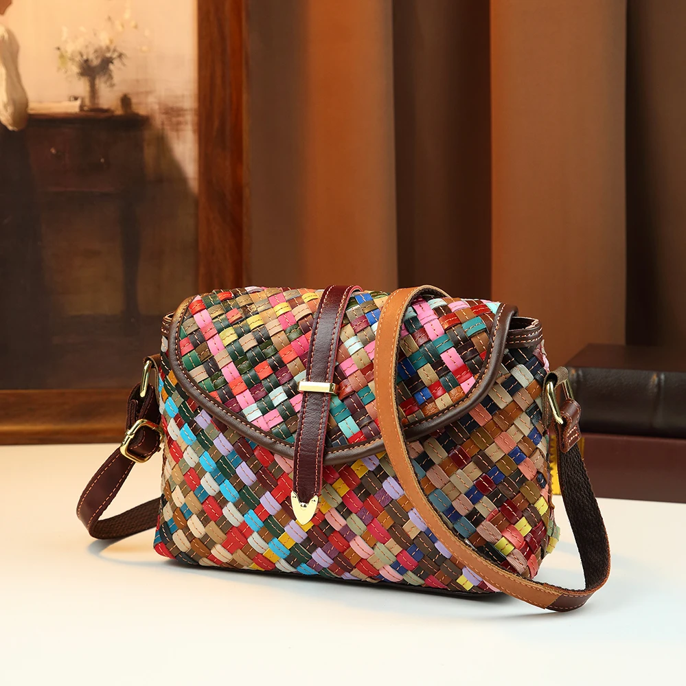 

Сумка через плечо, богемная радужная плетеная сумка, женская сумка ручной работы из натуральной кожи, контрастная сумка на одно плечо в этническом стиле.