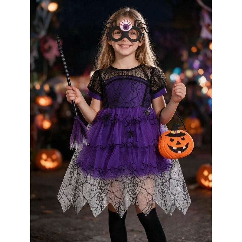Girls Halloween Costume Cute Spider Web Tulle Cloak Dress Party Princess Dresses for Baby Carnival Party Gifts Dress Up Gown