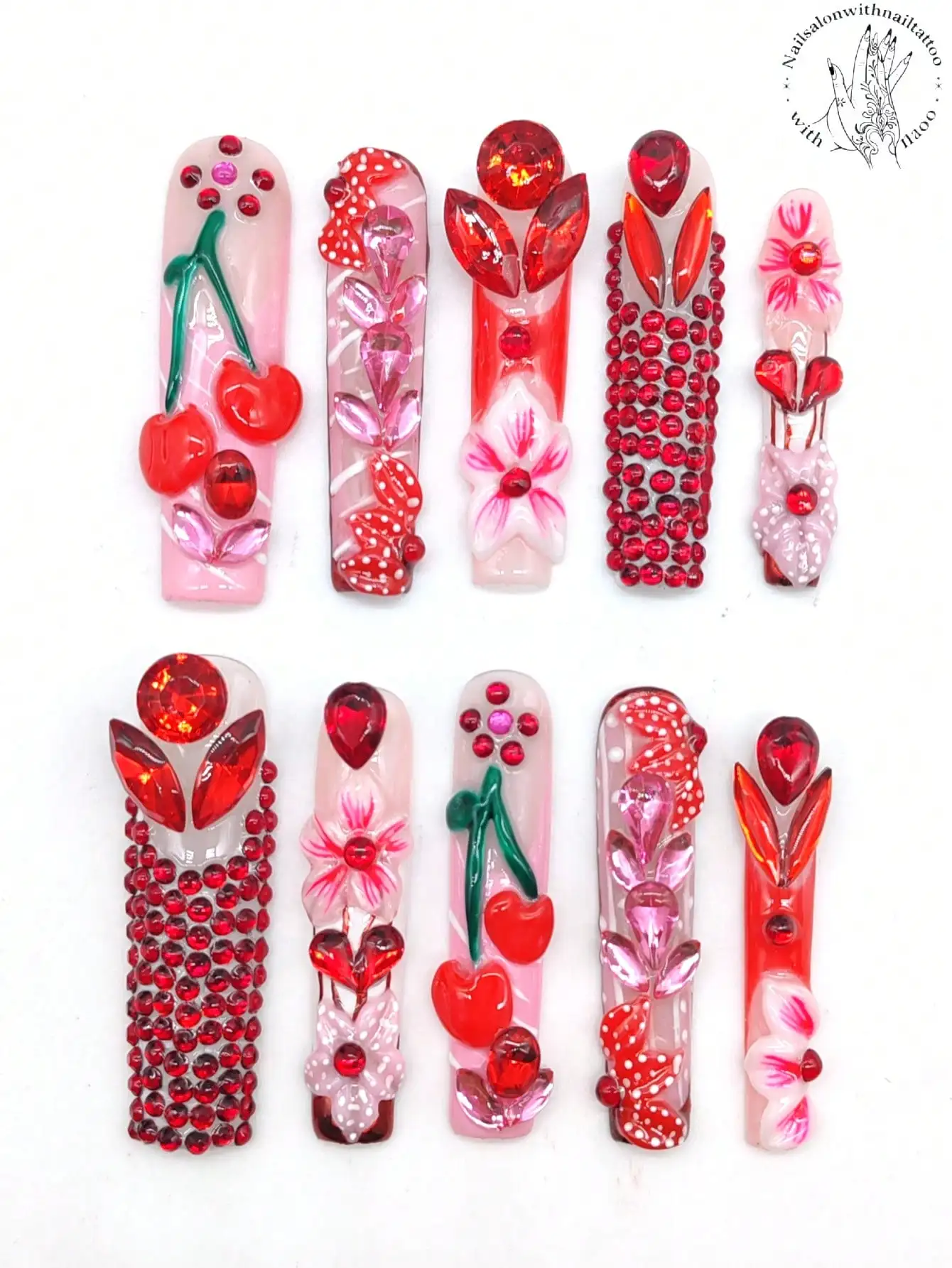 Handcrafted Press-On Nail Set Y2K Square Shapes 55mm Pink & Red Gradient French Design with Red Rhinestones 3D Cherry Blossom Pe