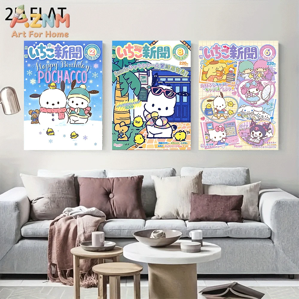 AZNM Sanrio Pochacco Canvas Wall Art Unframed Cute Cartoon Magazine Cover Holiday Summer Theme Print Painting Bedroom Home Decor