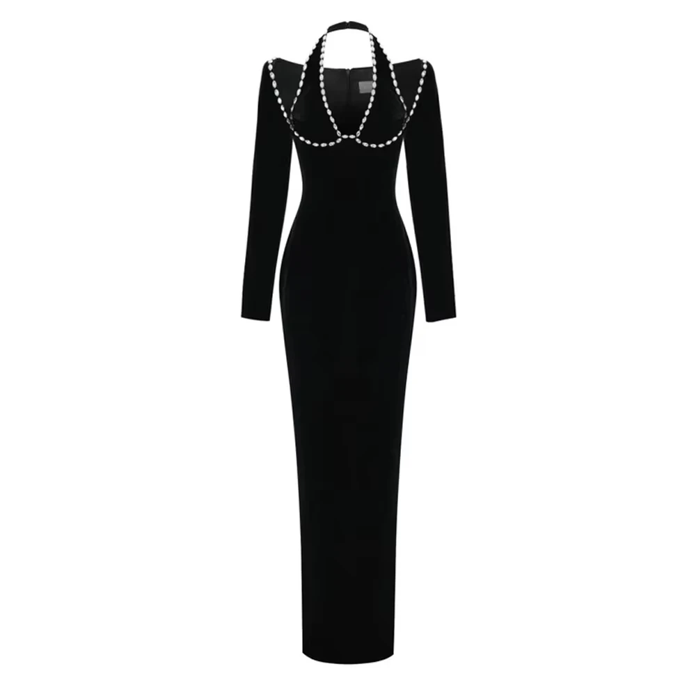 Women's Retro Dress Hepburn Style V-neck Hanging Neck Long Skirt Heavy Industry Diamond Inlaid Slimming Women's Bandage Dress