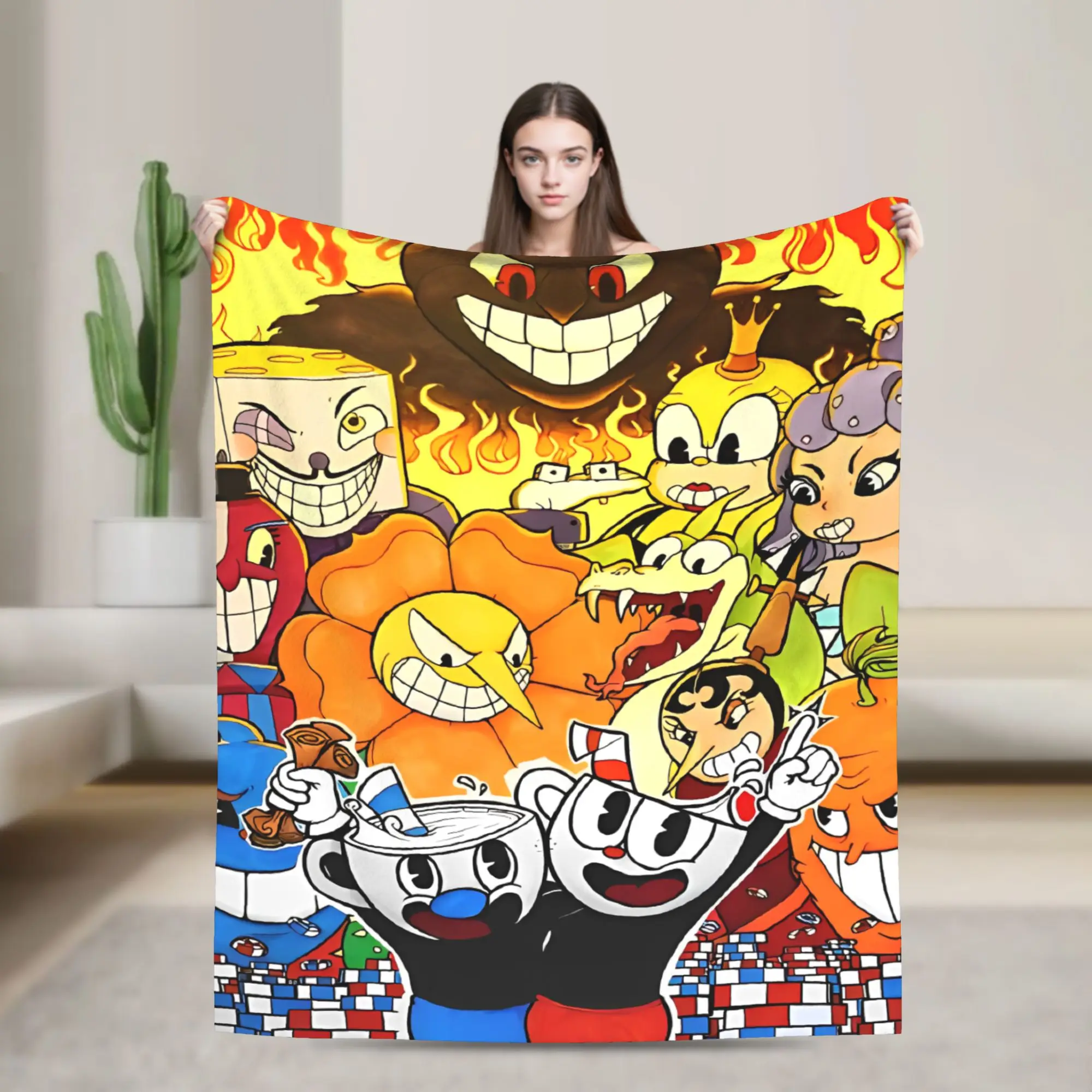 Cupheads Video Game Knitted Blanket Fleece Don't Deal with the Devil Lightweight Throw Blankets for Car Sofa Couch Bedroom Quilt