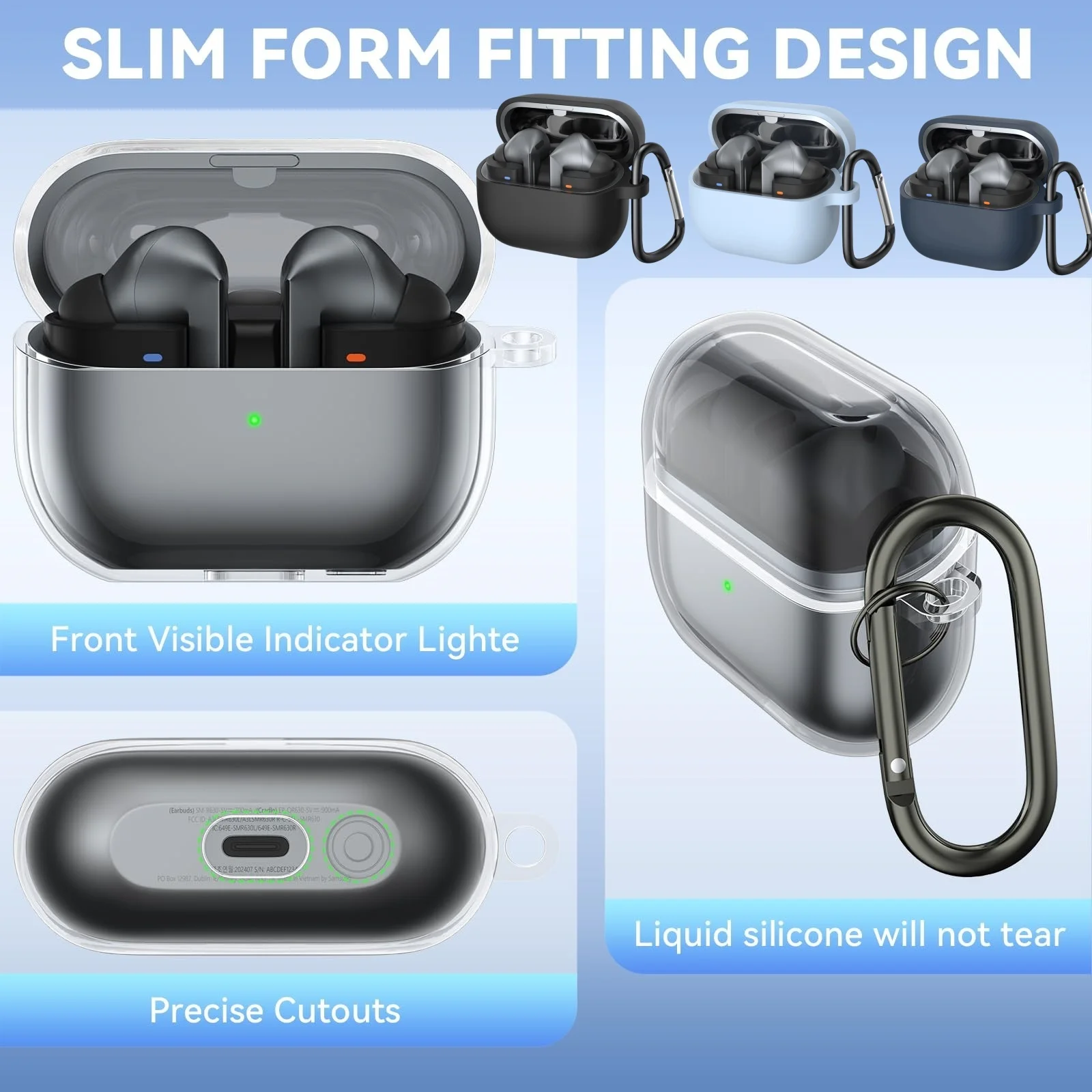 لهاتف Samsung Galaxy Buds 3 Pro & Buds 3، غطاء حماية من السيليكون الناعم مع حلقة تسلق للرجال والنساء (شفاف)