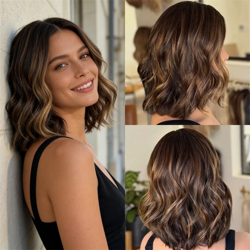 Ombre Dark Caramel Brown Synthetic Lace Front Wig for Women Glueless Hairline Realistic Look Natural Density Wig Short Wave Bob
