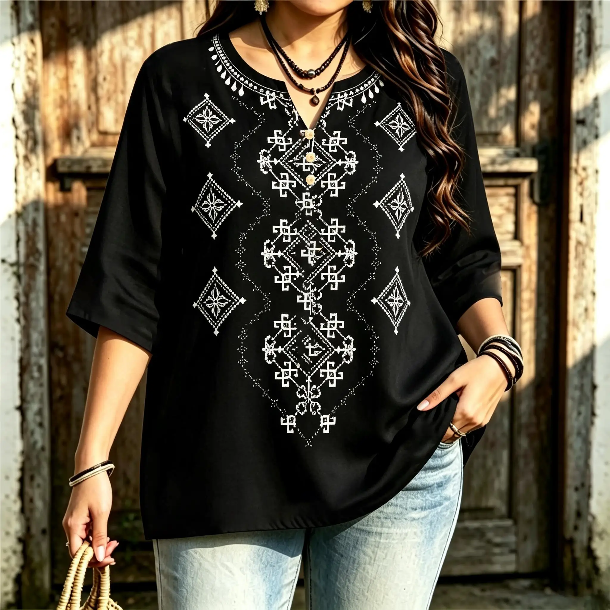 Women Ethnic Geometric Diamond Print Blouse Notched Neck 3/4 Sleeve Loose Curvy Fit Casual Ladies Tops