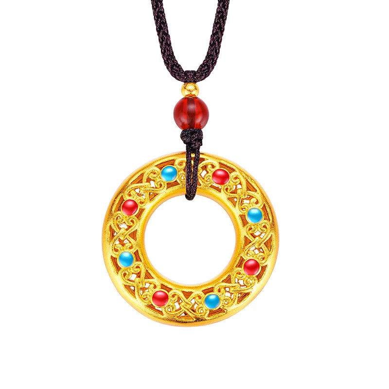 

9999 24K Real Gold New Chinese Retro Enamel Pendant Rope Antique Round Hollow Carved Peace Buckle Men's and Women's Necklace