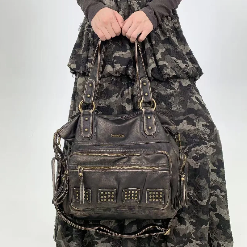 Vintage Studded Distressed Leather Shoulder Bag Women Y2K Grunge Large Capacity Crossbody Tote Handbag