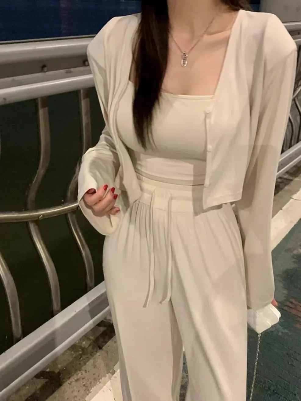 

Сексуальный приталенный жилет на бретелях, кардиган, женский кардиган с завязками на талии, прямые брюки с боковым разрезом, повседневный комплект с длинными брюками, шикарная осенняя одежда