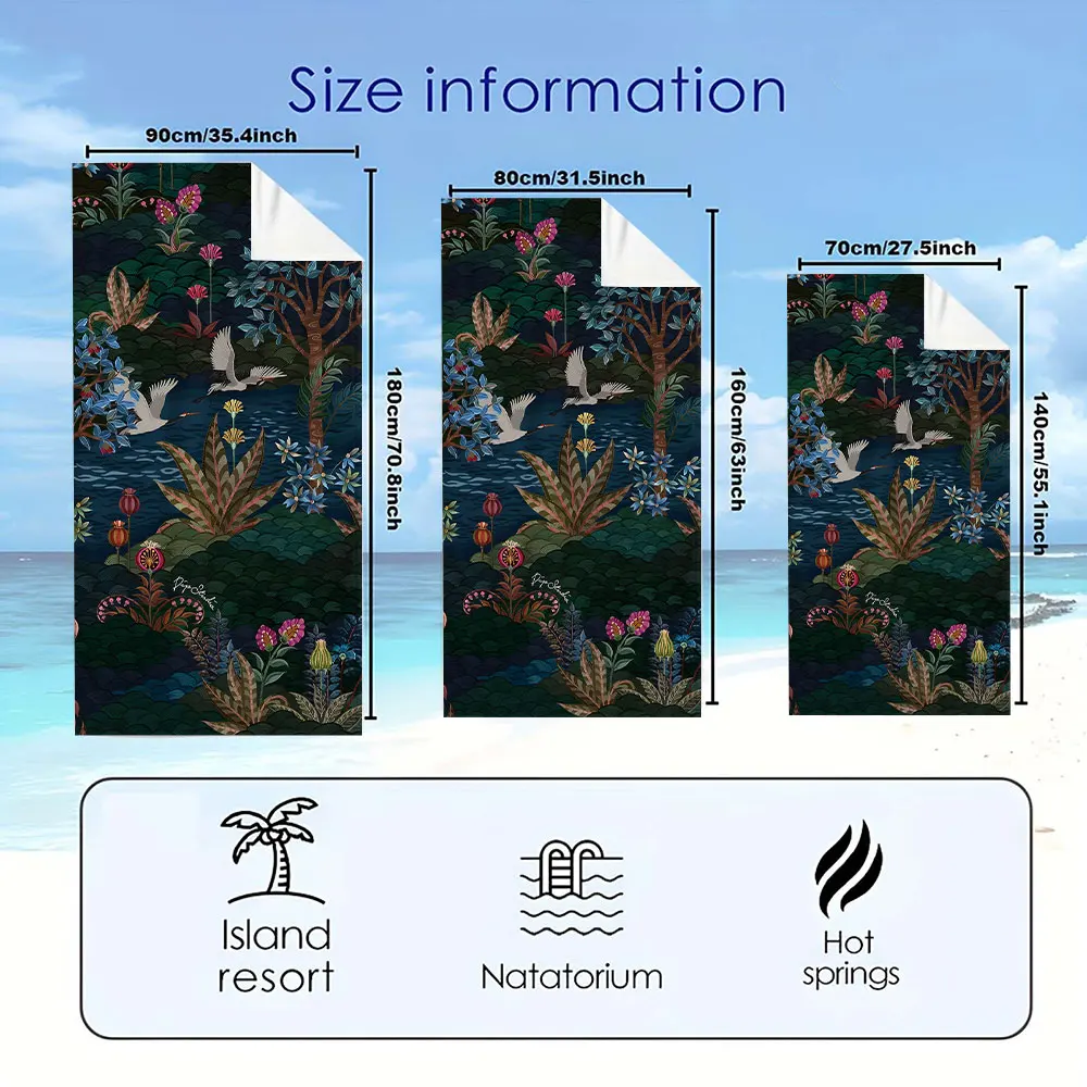 dark jungle crane floral Quick Drying Microfiber Beach Towel Lightweight for Swimming Camping Yoga - Bath Towel