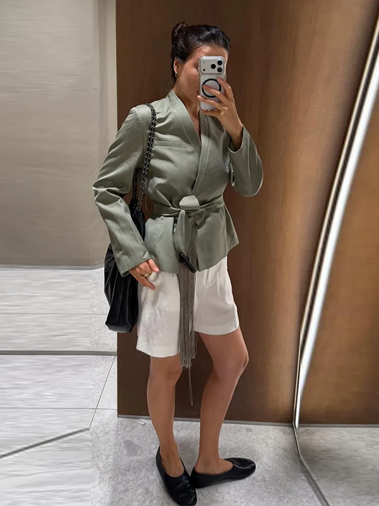 Quastenbesetzte Y-Ausschnitt-Mäntel für Damen, sexy V-Ausschnitt, seitliche Knopfleiste, lange Ärmel, Schnürung, einfarbig, schlanke Jacken, schicke Büro-Outfits, neue Oberbekleidung – Detail 2